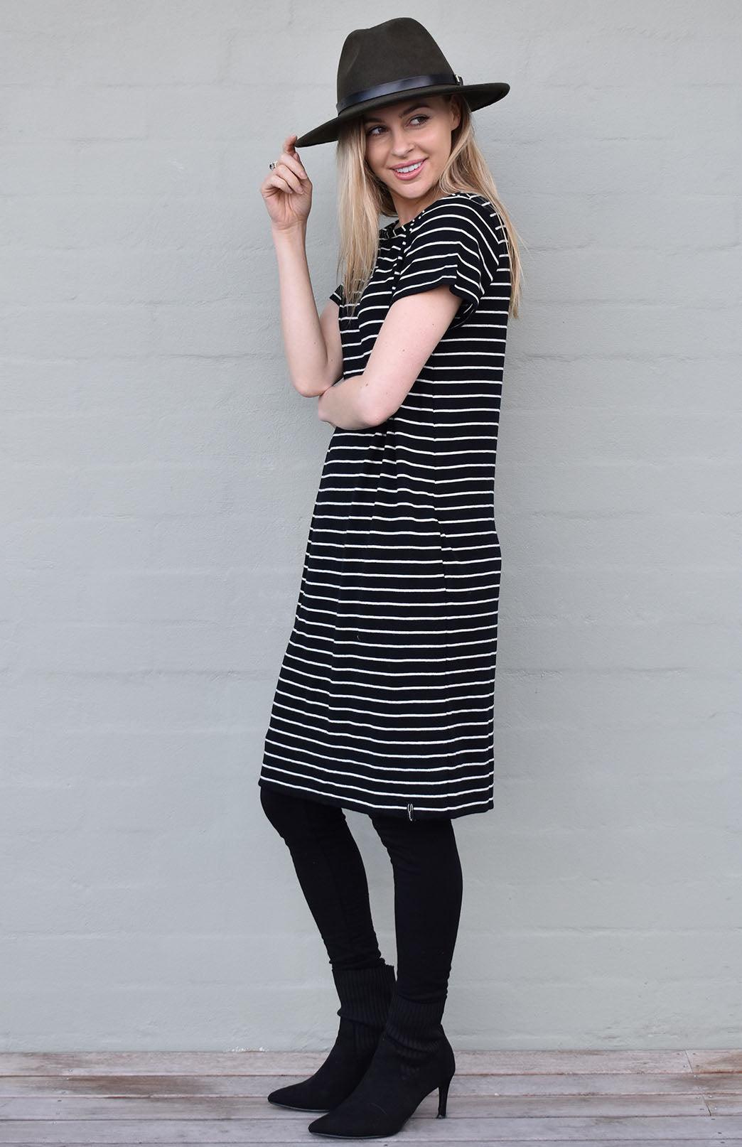 Black & White Stripe Women's Merino Wool Shift Dress with Short Sleeves
