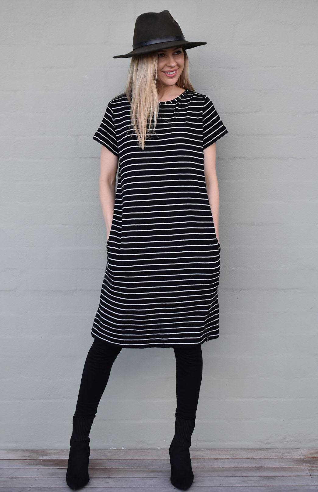Black & White Stripe Women's Merino Wool Shift Dress with Short Sleeves
