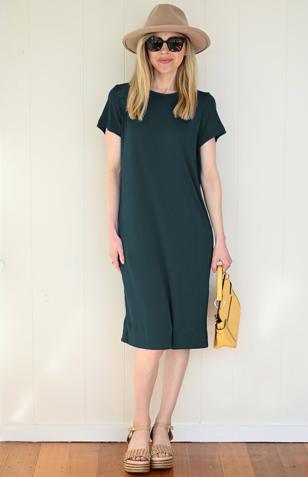 Deep Sea Green Women's Merino Wool Shift Dress with Short Sleeves
