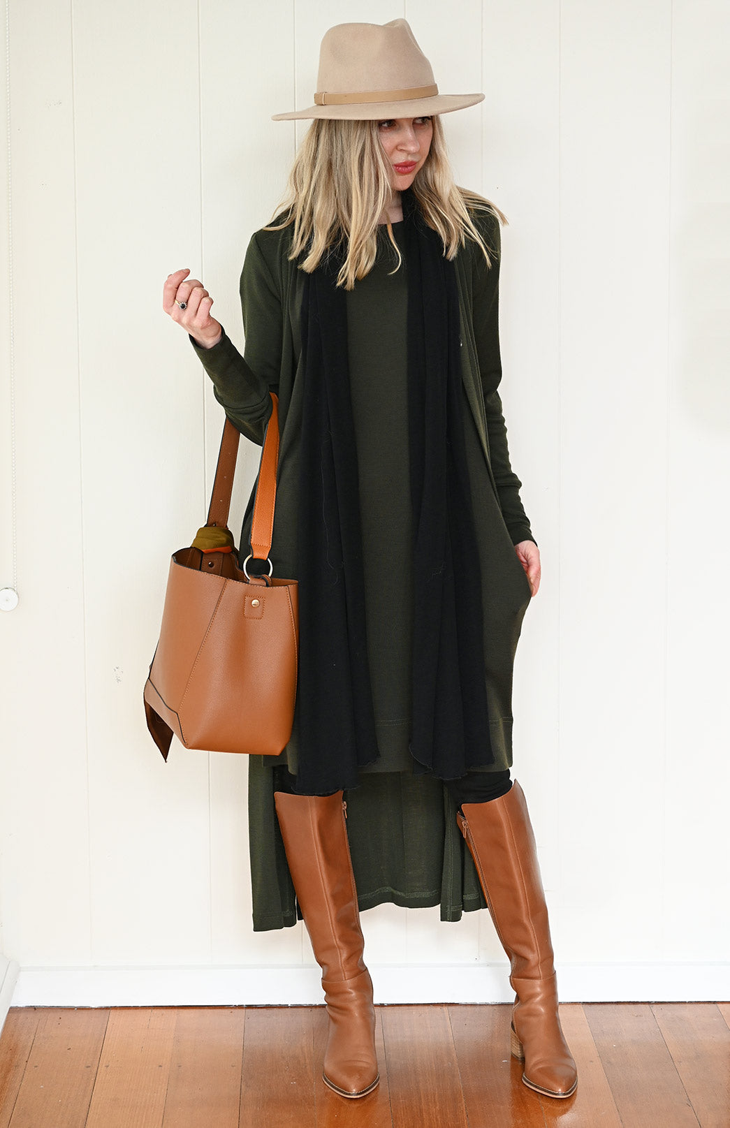 Kale Green Women's Slimline Long Cardigan with side pockets