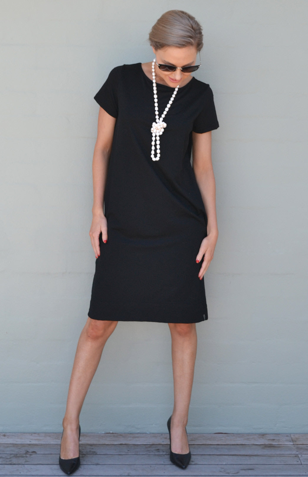 Black Women's Merino Wool Shift Dress with Short Sleeves