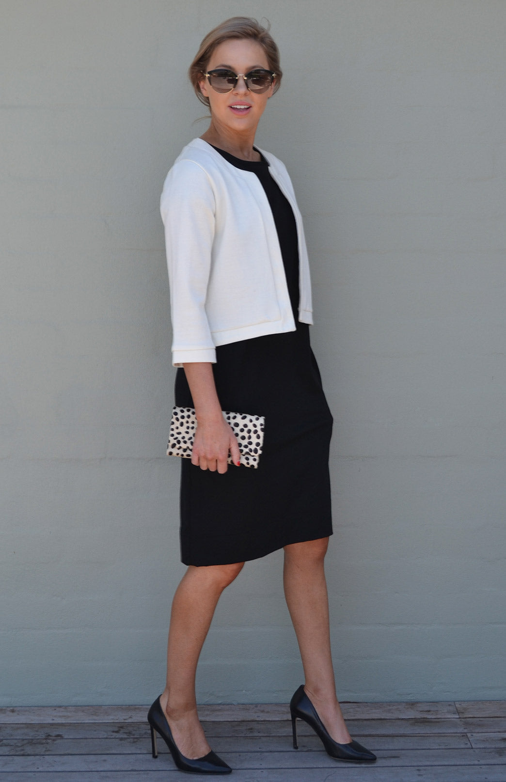 Black Women's Merino Wool Shift Dress with Short Sleeves