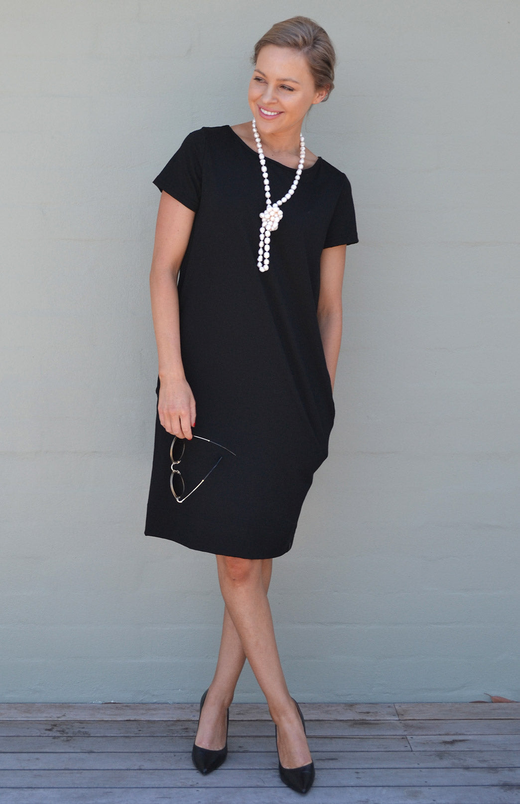 Black Women's Merino Wool Shift Dress with Short Sleeves