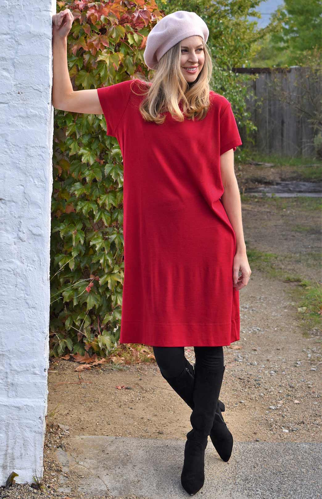 Chilli Red Women's Merino Wool Shift Dress with Short Sleeves
