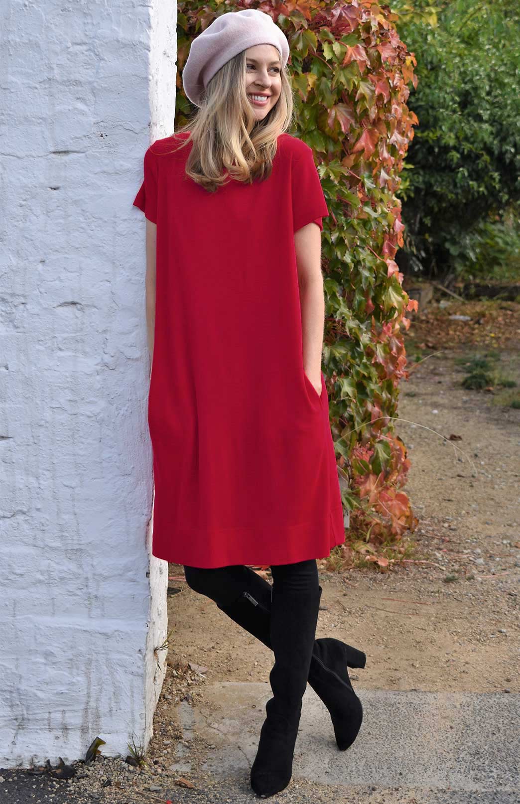 Chilli Red Women&#39;s Merino Wool Shift Dress with Short Sleeves
