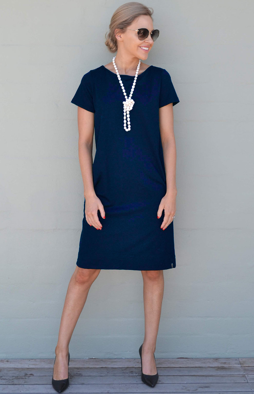 French Navy Blue Women's Merino Wool Shift Dress with Short Sleeves