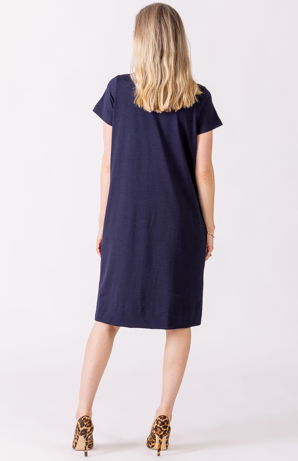 French Navy Blue Women's Merino Wool Shift Dress with Short Sleeves