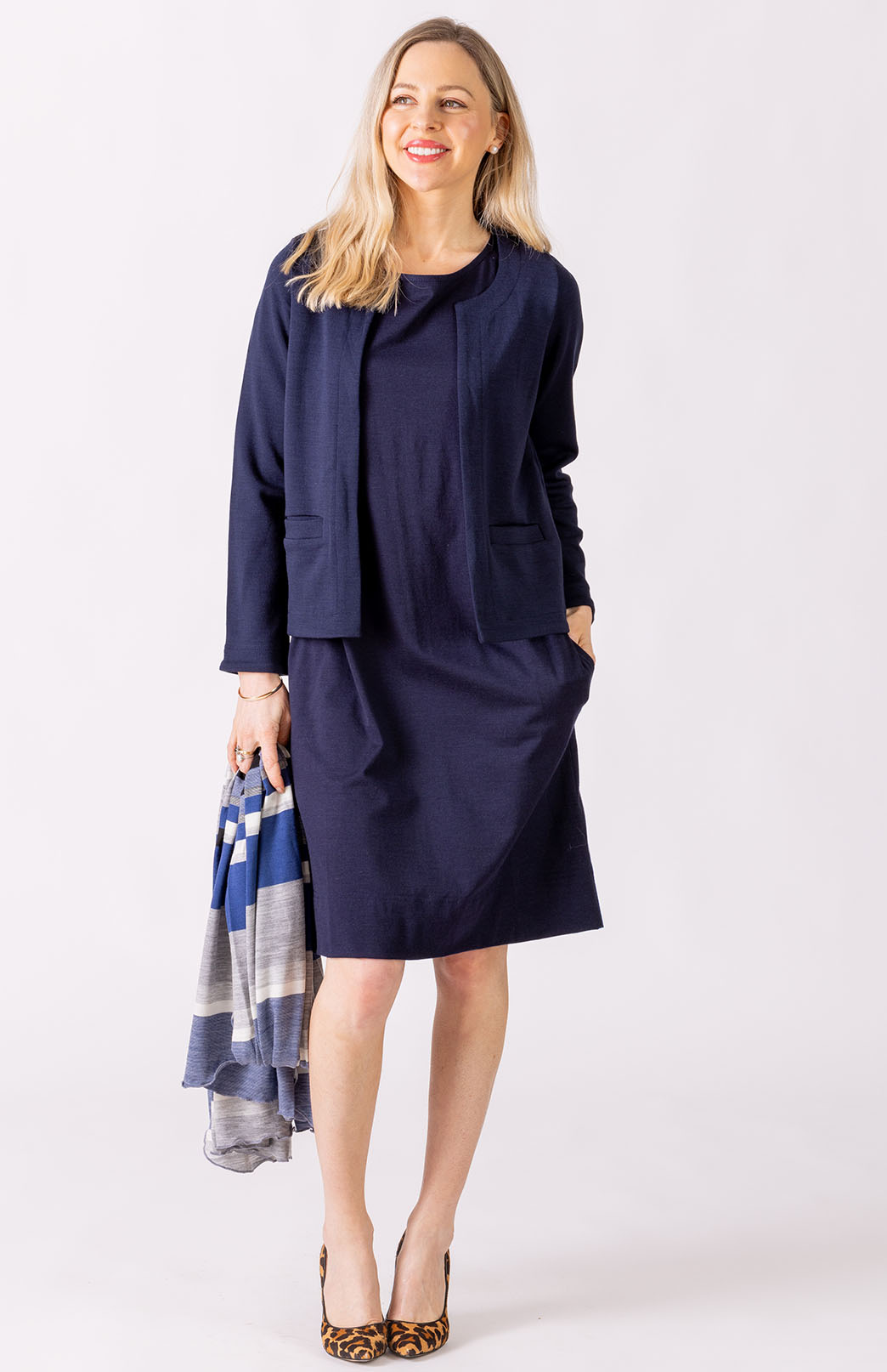 French Navy Blue Women's Merino Wool Shift Dress with Short Sleeves