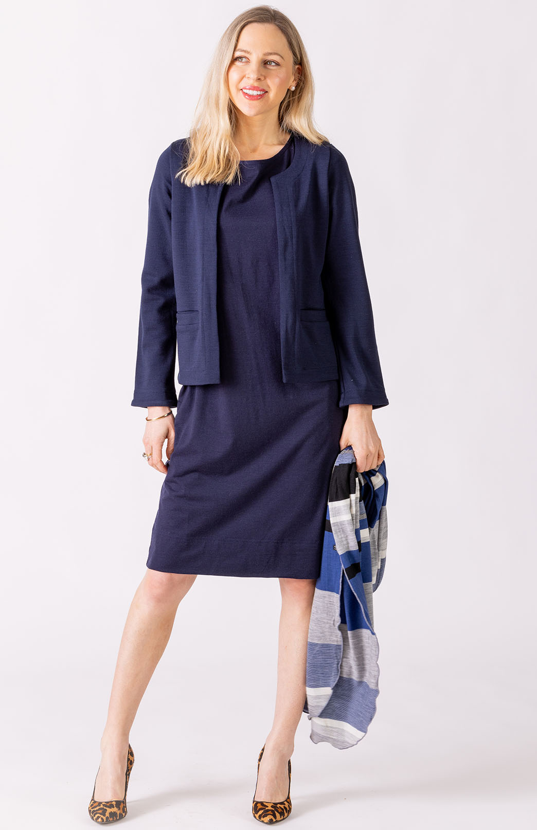 French Navy Blue Women's Merino Wool Shift Dress with Short Sleeves