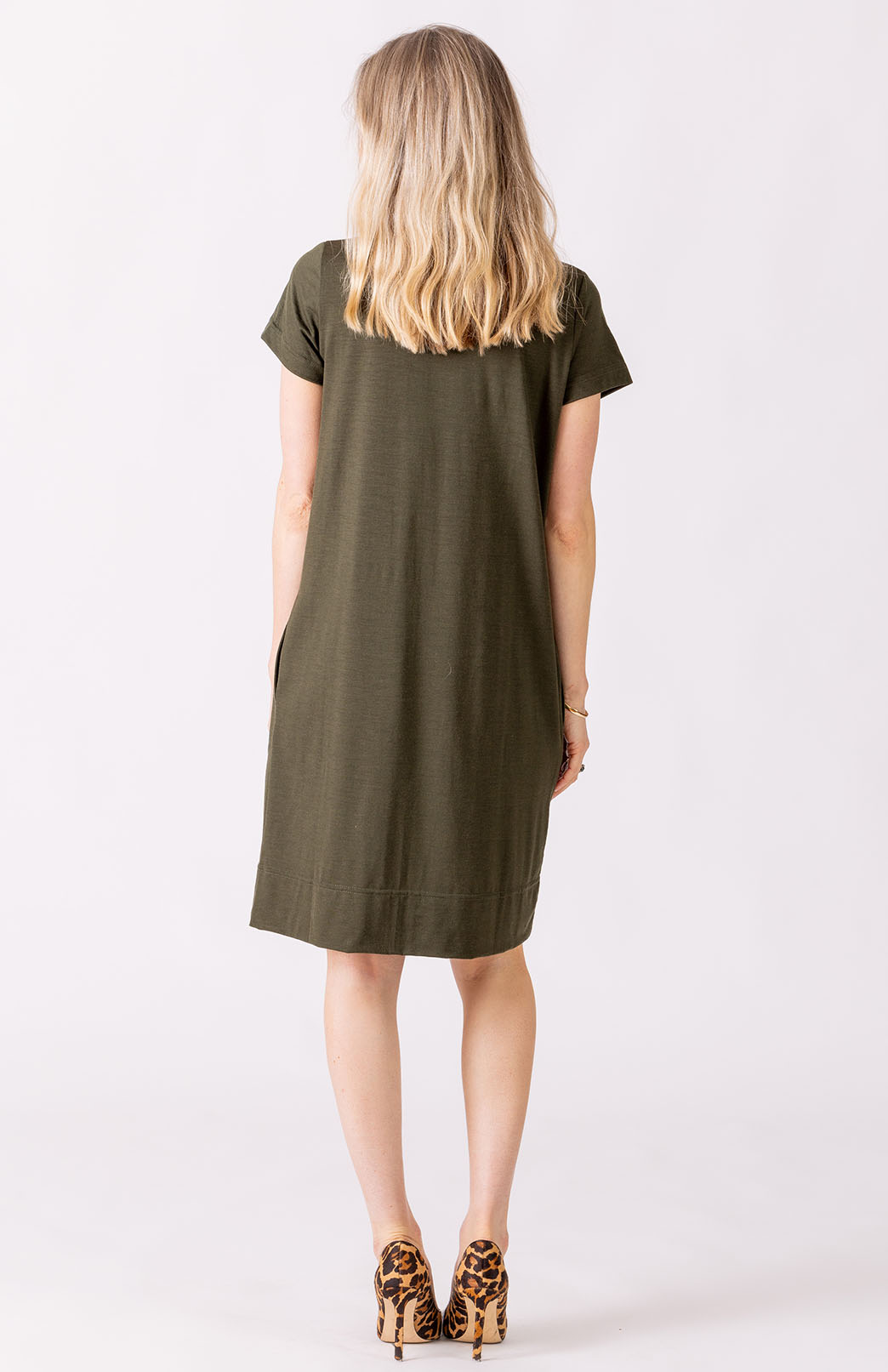 Kale Green Women's Merino Wool Shift Dress with Short Sleeves