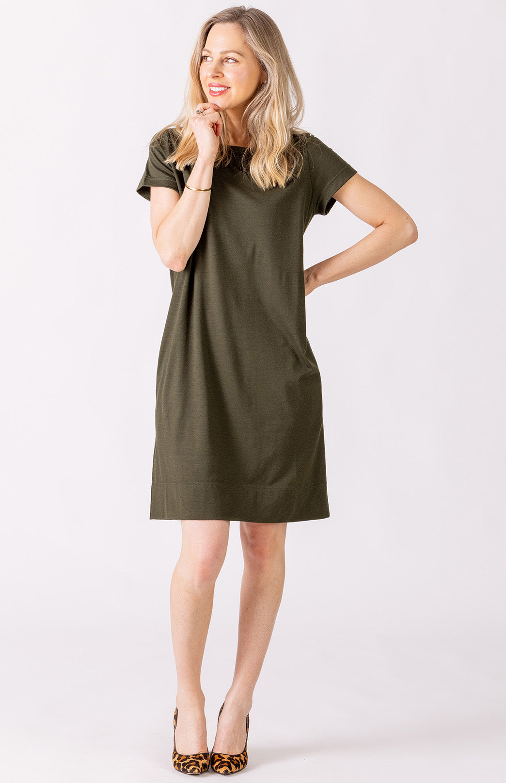 Kale Green Women's Merino Wool Shift Dress with Short Sleeves