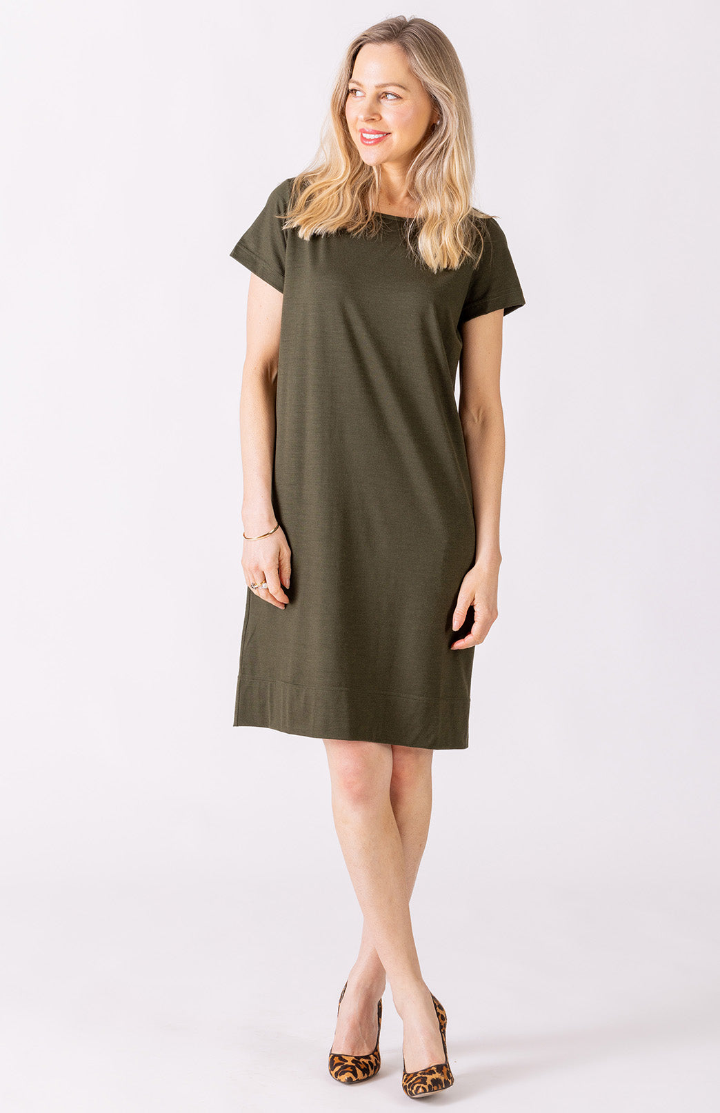Kale Green Women's Merino Wool Shift Dress with Short Sleeves
