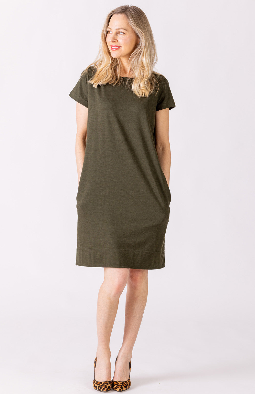 Kale Green Women's Merino Wool Shift Dress with Short Sleeves