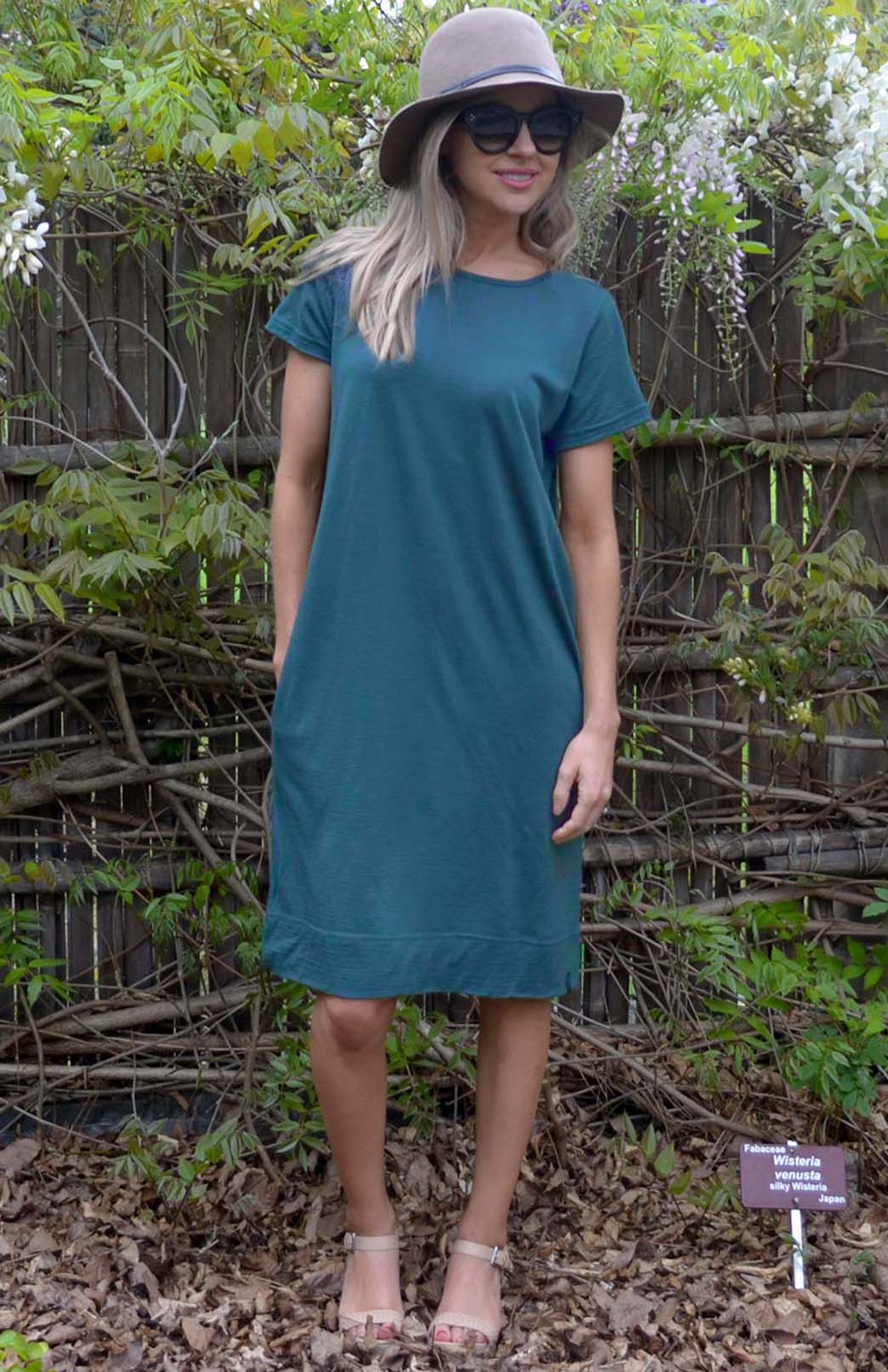 Storm Teal Women's Merino Wool Shift Dress with Short Sleeves