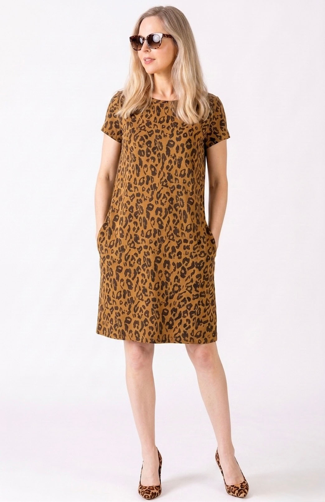 Whiskey Leopard Women's Merino Wool Shift Dress with Short Sleeves