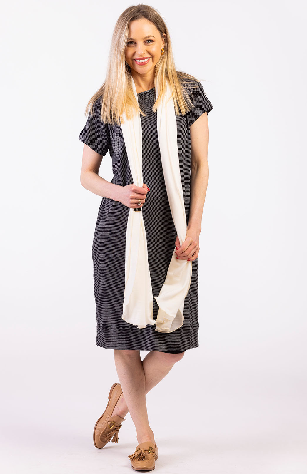 Black Pinstripe Women's Merino Wool Shift Dress with Short Sleeves