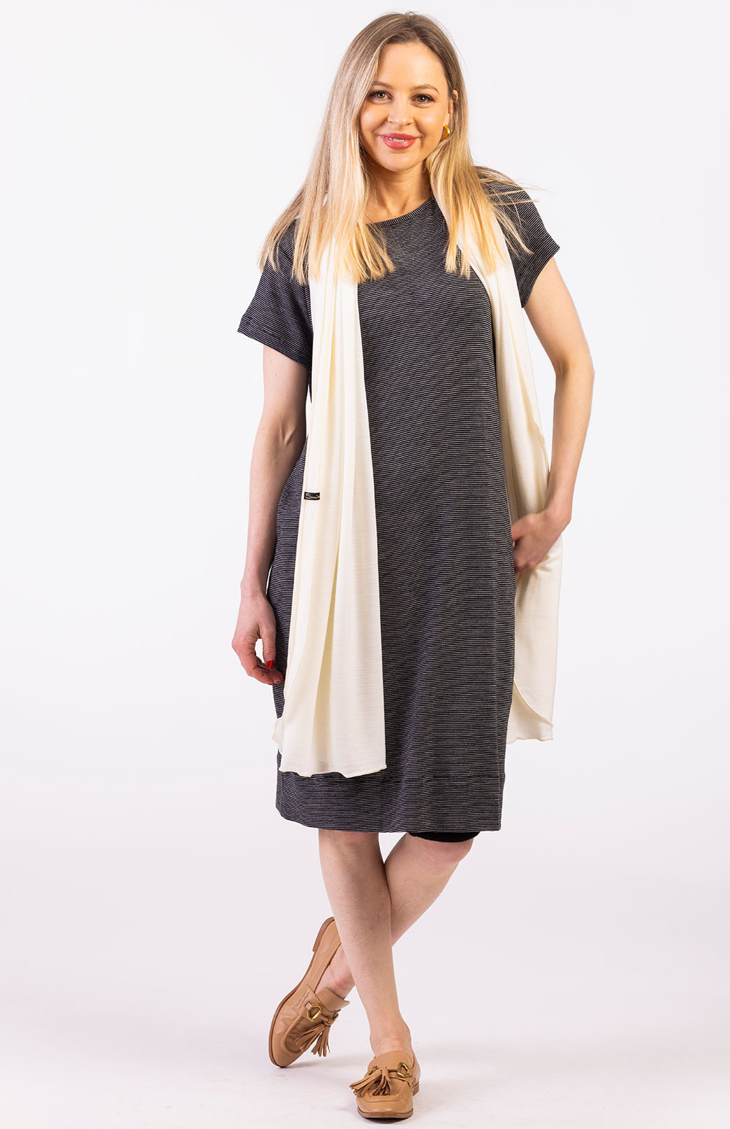 Black Pinstripe Women's Merino Wool Shift Dress with Short Sleeves