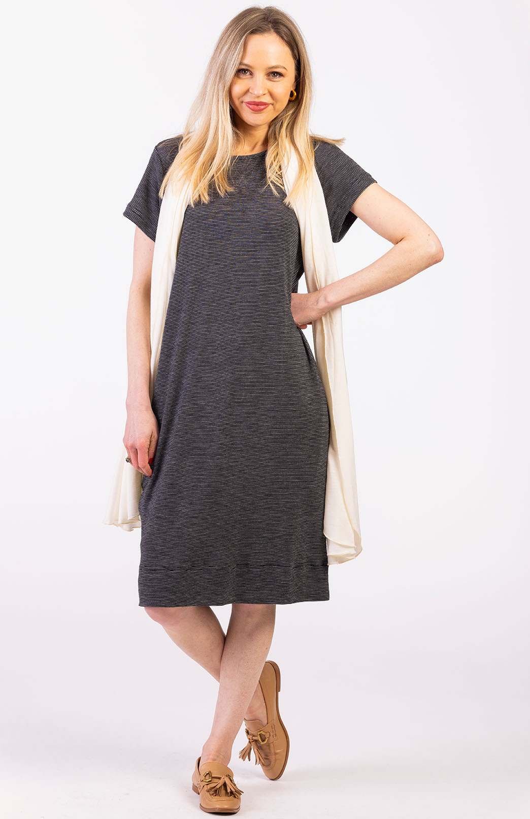 Women's Merino Wool Short Sleeve Dress | Smitten Merino Black Pinstripe / 10 (10-12) Women's Merino Wool Short Sleeve Dress | Smitten Merino Black Pinstripe / 10 (10-12)