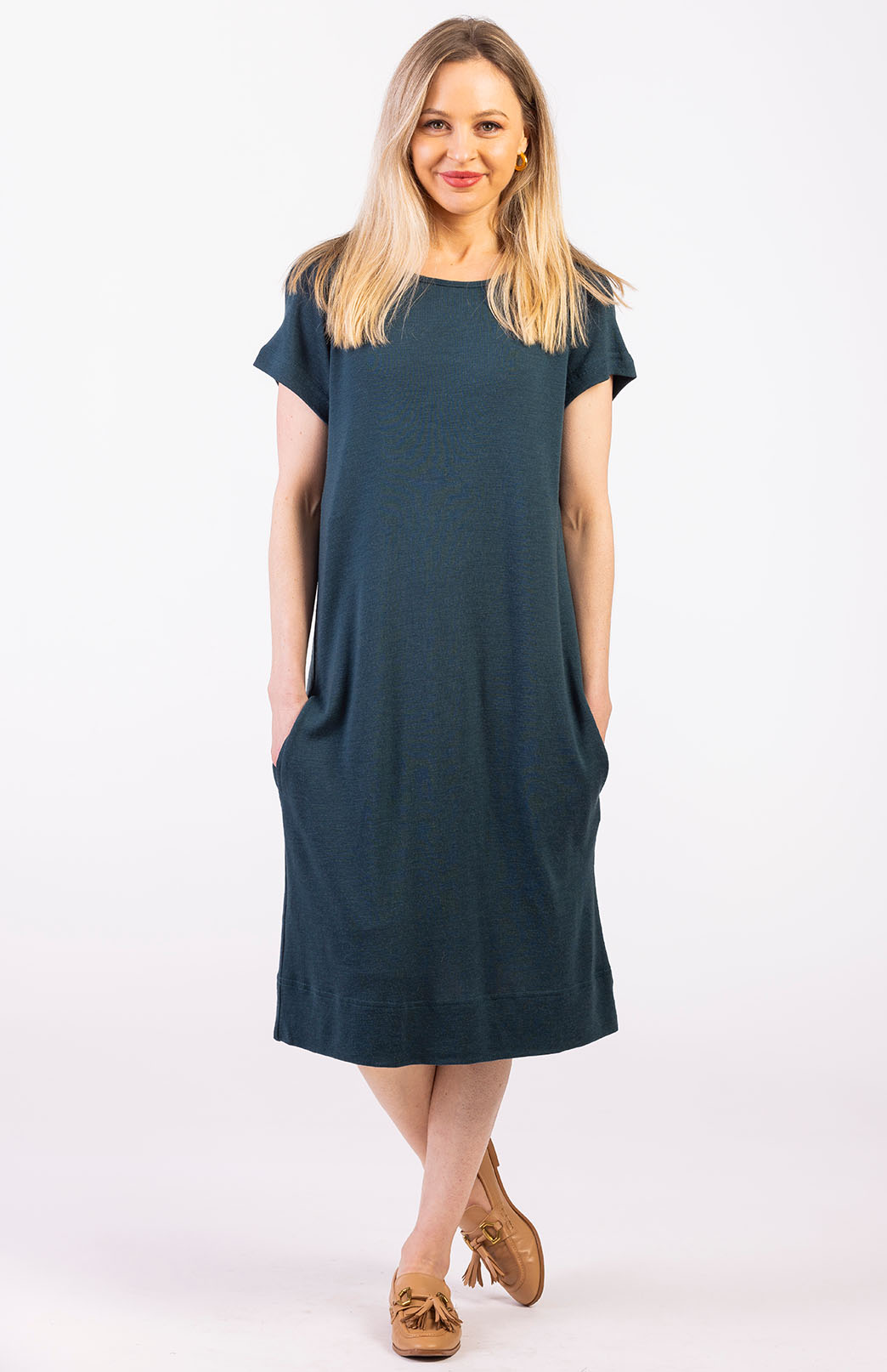 Deep Sea Green Women's Merino Wool Shift Dress with Short Sleeves