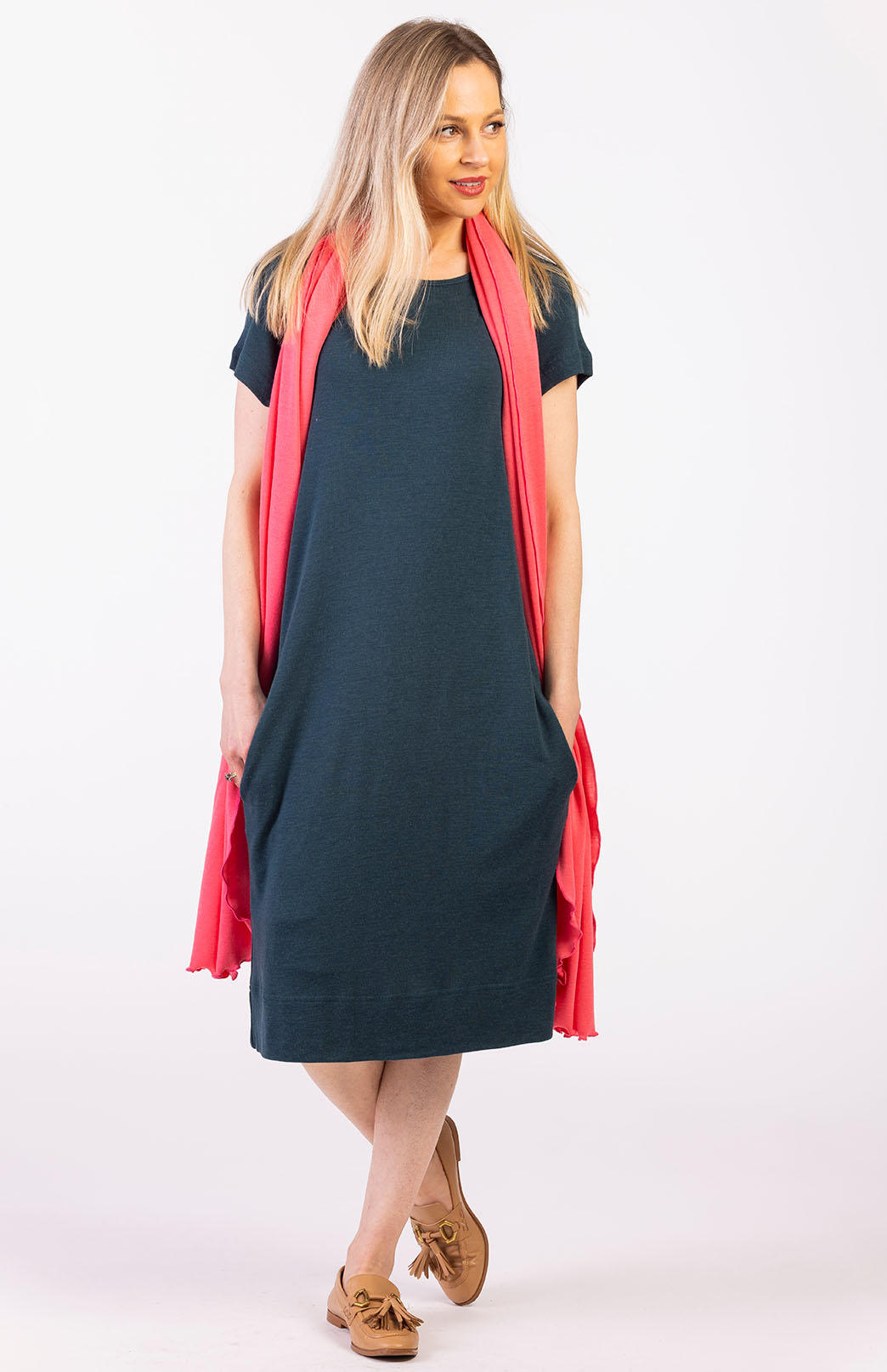 Deep Sea Green Women's Merino Wool Shift Dress with Short Sleeves