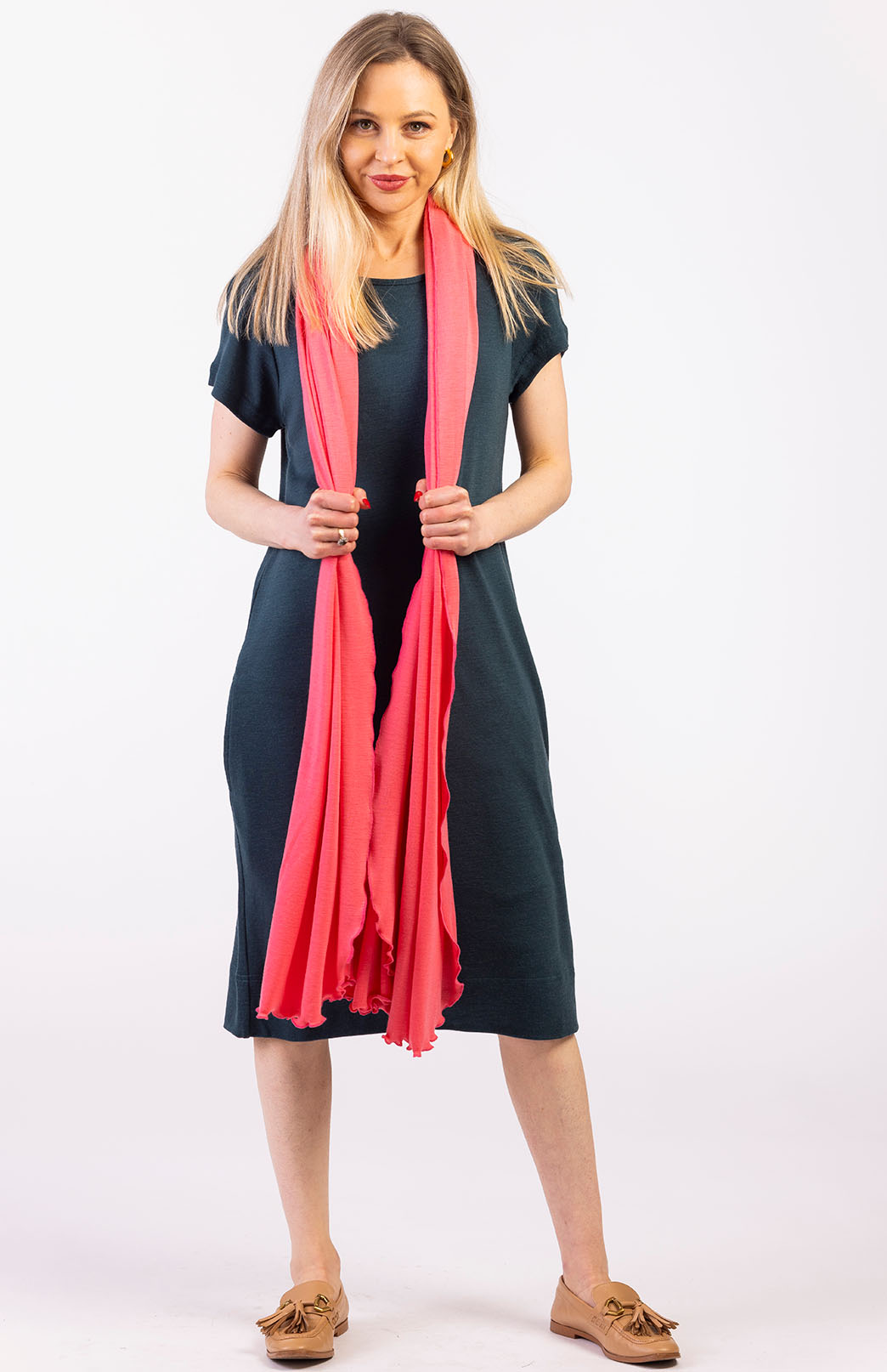 Deep Sea Green Women's Merino Wool Shift Dress with Short Sleeves