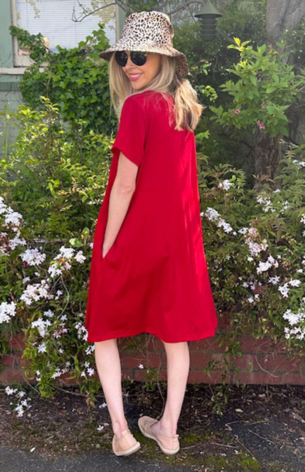 Chilli Red Women&#39;s Merino Wool Loose Fit Dress with Short Sleeves and Side Pockets
