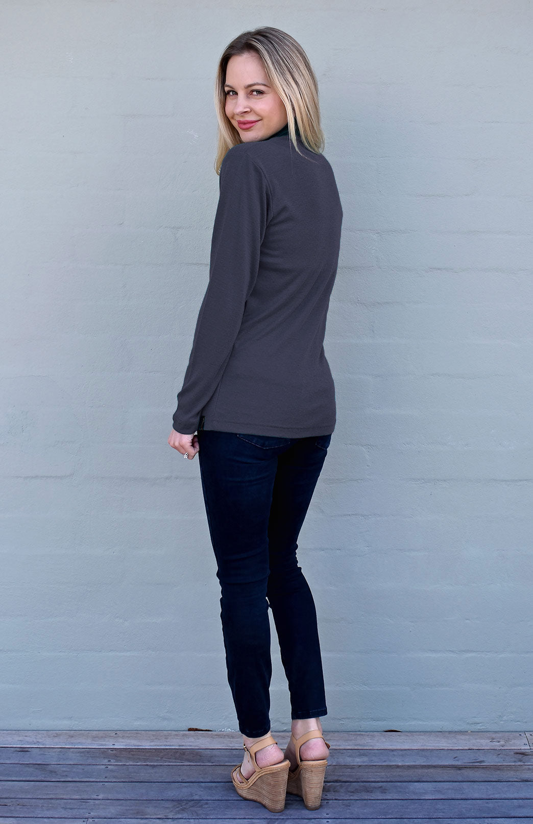 Light Grey Marl Women&#39;s Merino Wool Long Sleeve Turtle Neck Top
