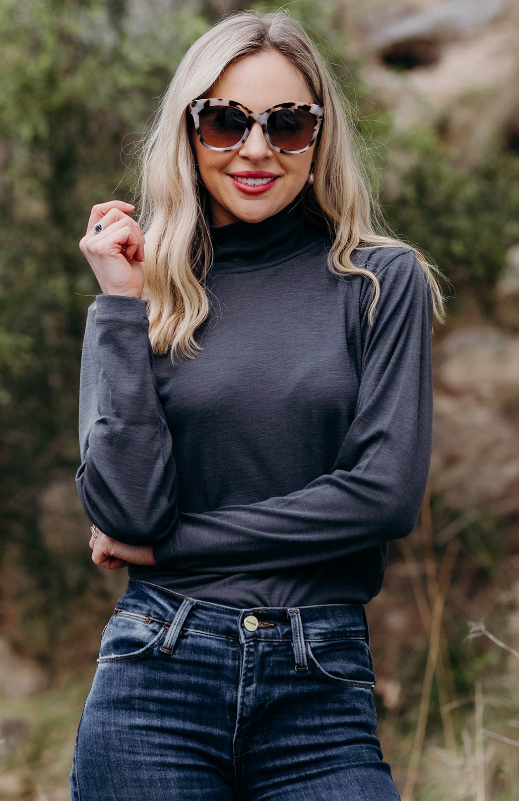 Steel Grey Women&#39;s Merino Wool Long Sleeve Turtle Neck Top
