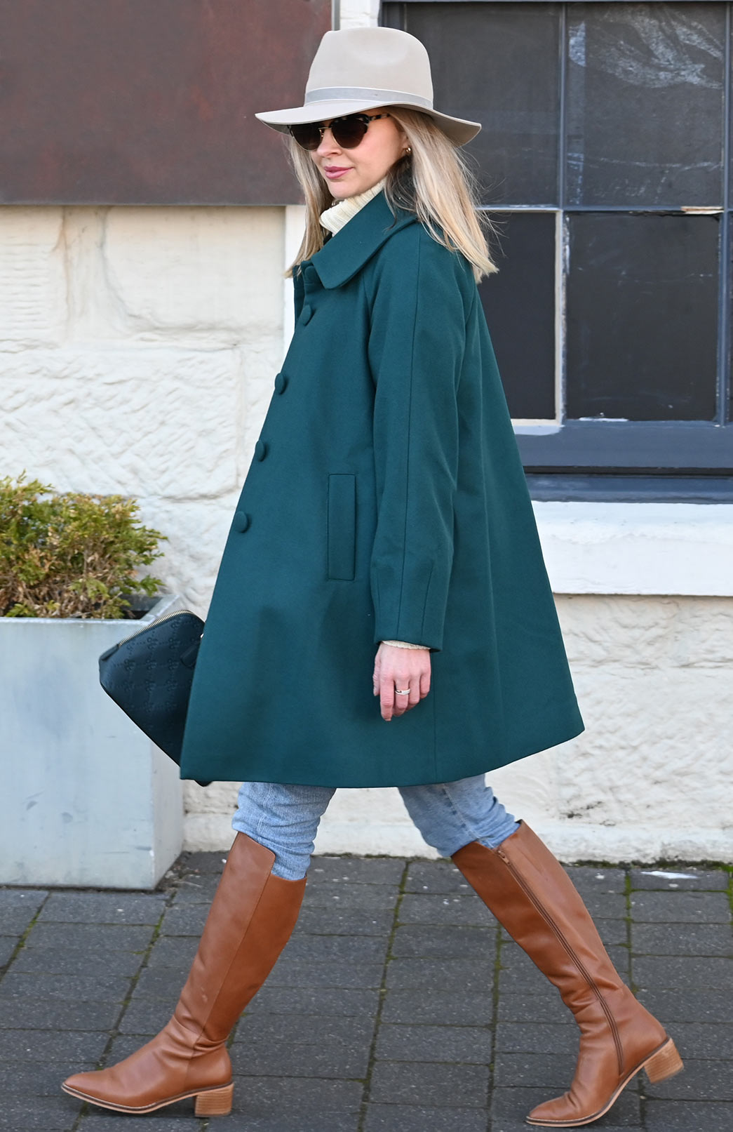 Teal Green Women's Merino Wool and Cashmere Swing Coat with Buttons