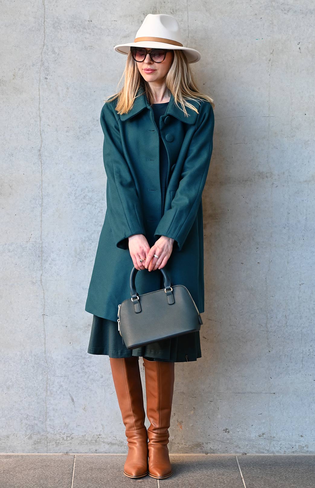 Teal Green Women's Merino Wool and Cashmere Swing Coat with Buttons