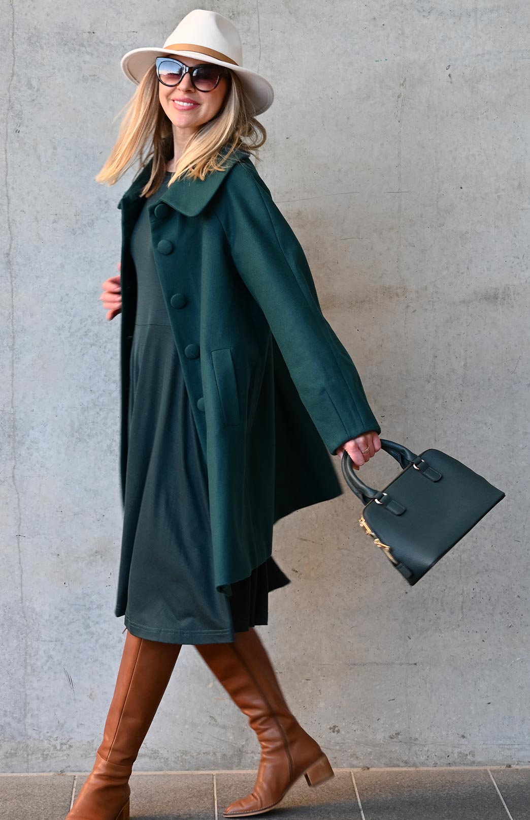 Deep Sea Green Women's Merino Wool Fit and Flare Dress with 3/4 Sleeves