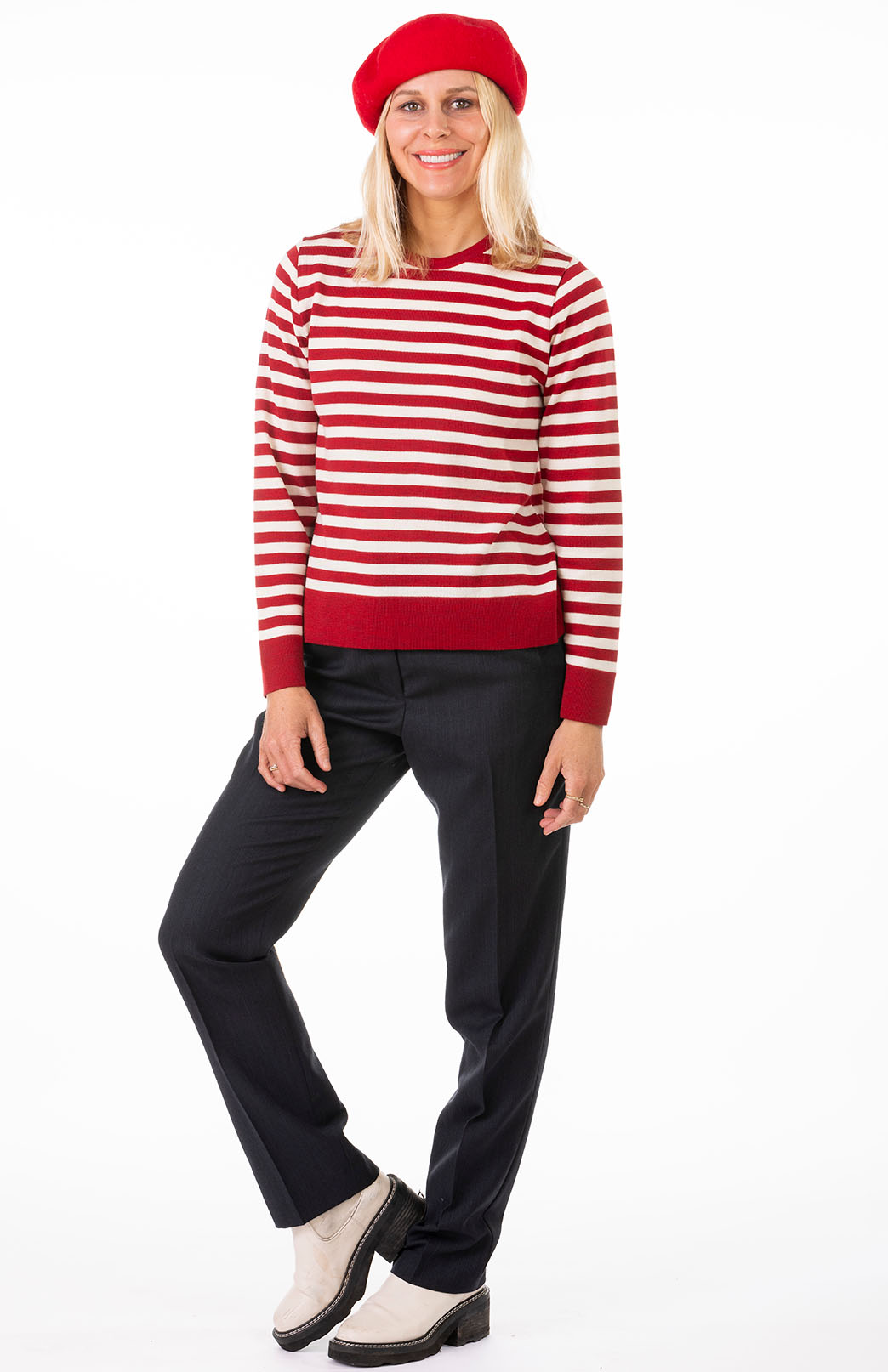 Red & Ivory Stripe - Round Neck Women&#39;s Long Sleeve Classic Knitted Merino Wool Top
