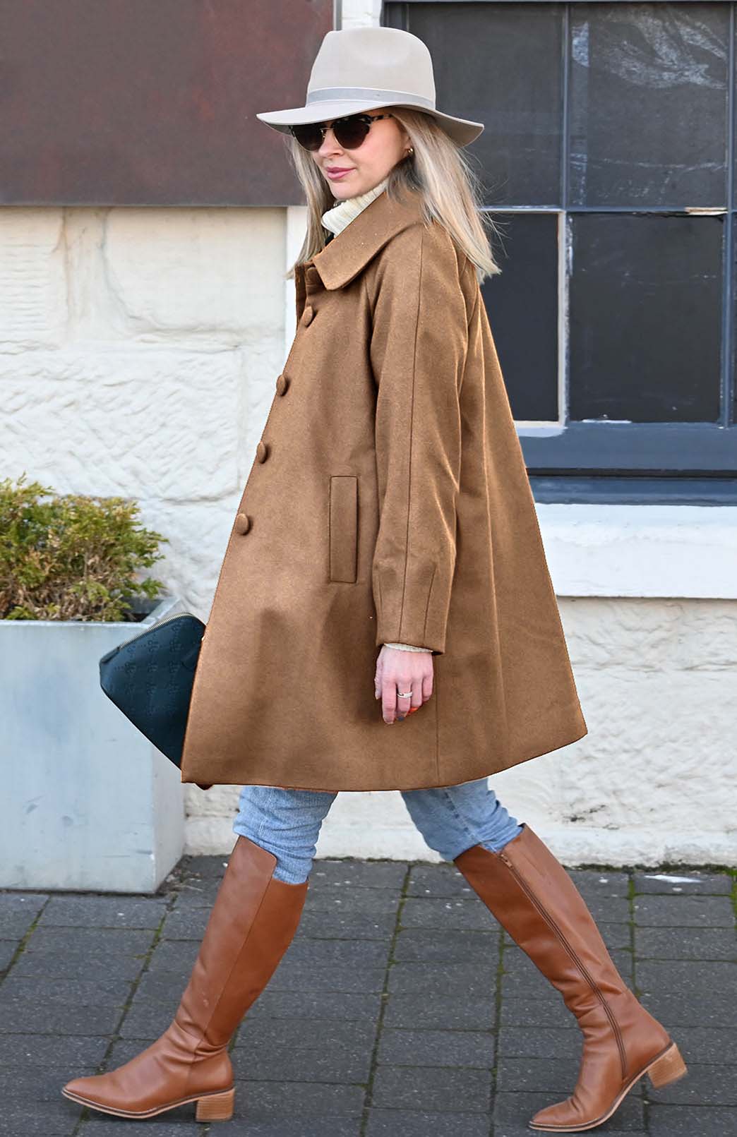 Dark Camel Women's Merino Wool and Cashmere Swing Coat with Buttons
