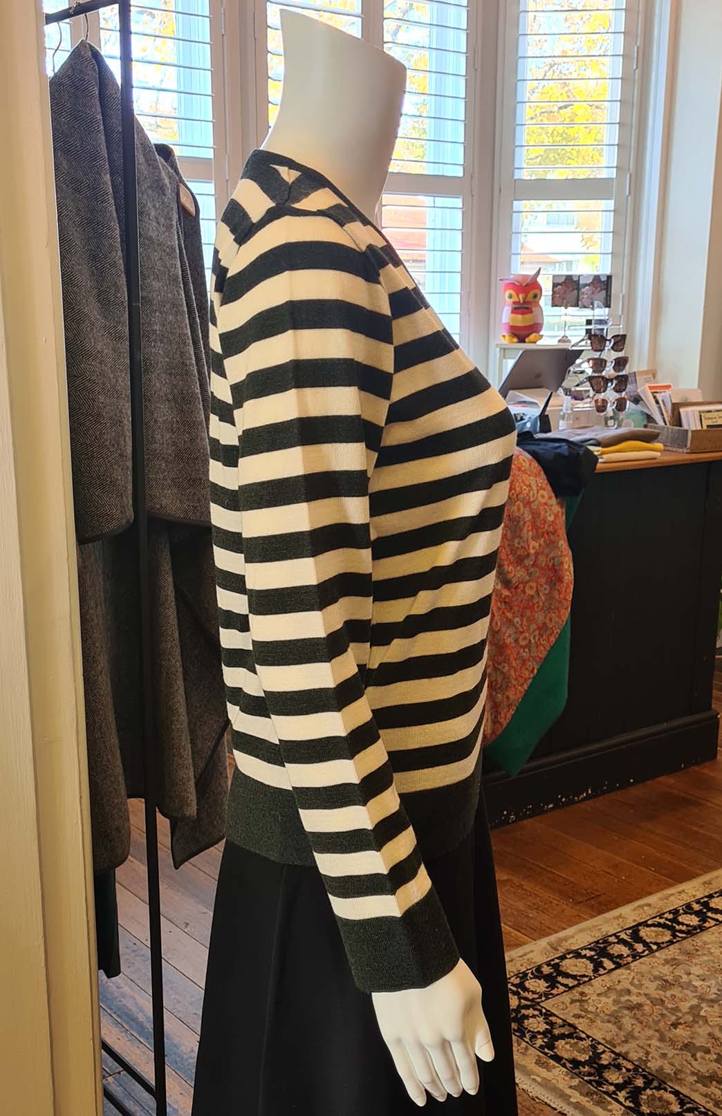 Dark Green & Ivory Stripe - V-Neckline Women's Long Sleeve Classic Knitted Merino Wool Top