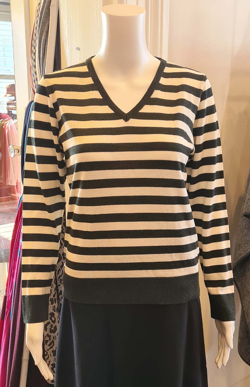 Dark Green & Ivory Stripe - V-Neckline Women's Long Sleeve Classic Knitted Merino Wool Top