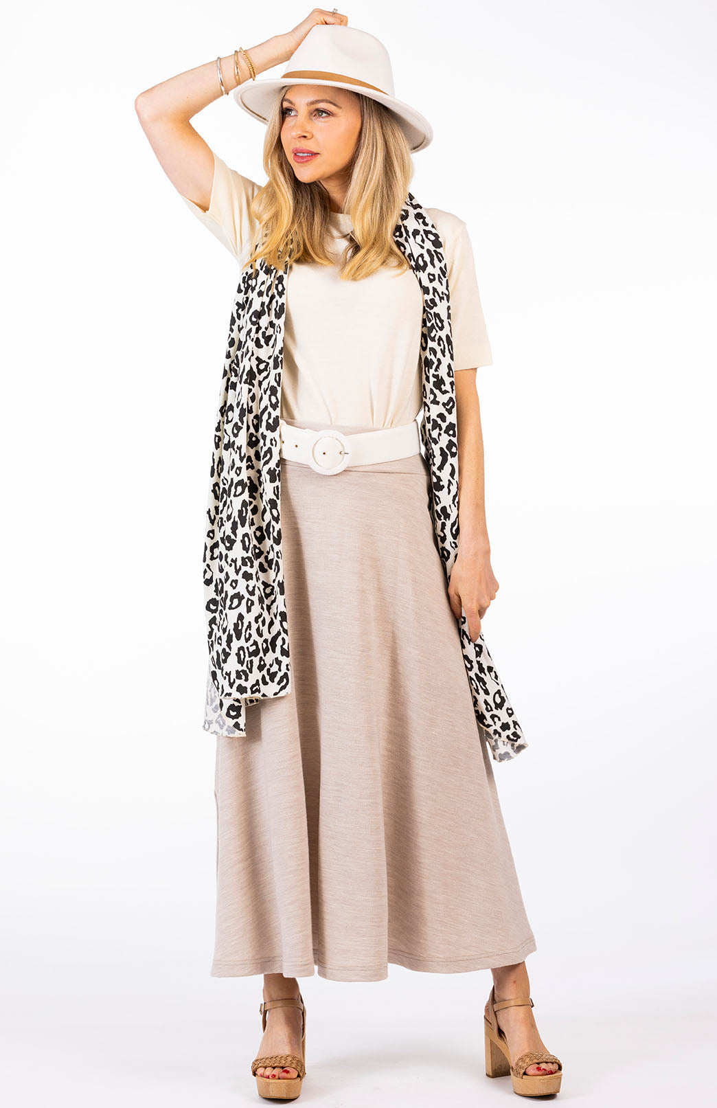 Oatmeal Marl Women's Merino Wool Midweight A-Line Midi Skirt