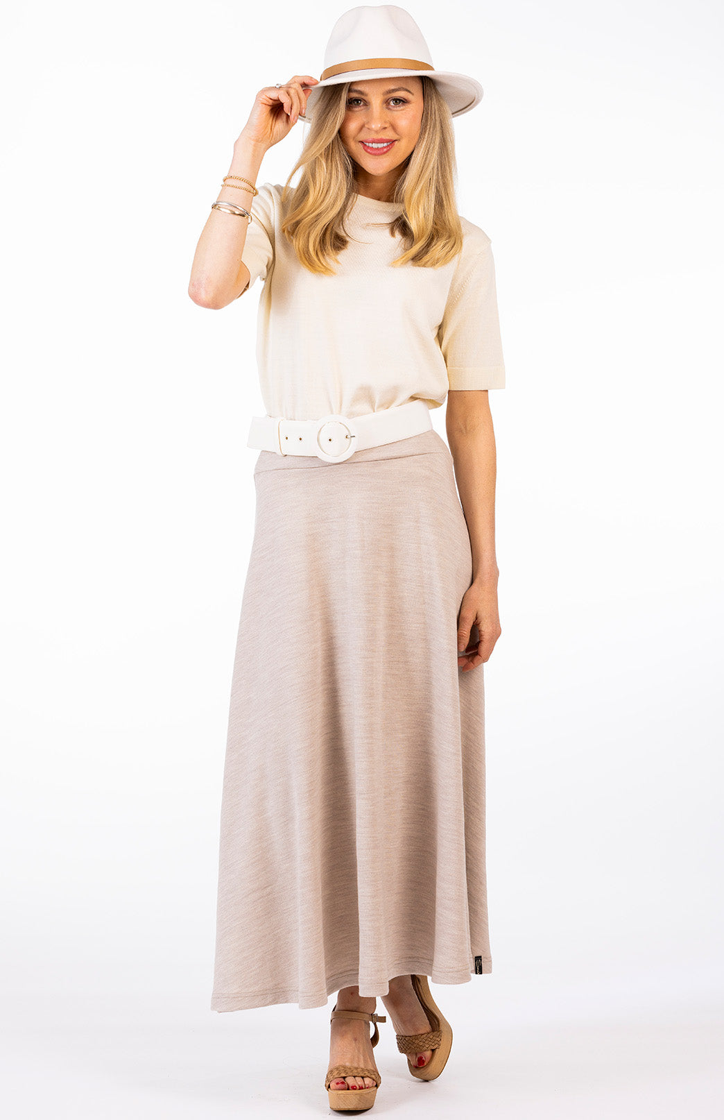 Oatmeal Marl Women's Merino Wool Midweight A-Line Midi Skirt