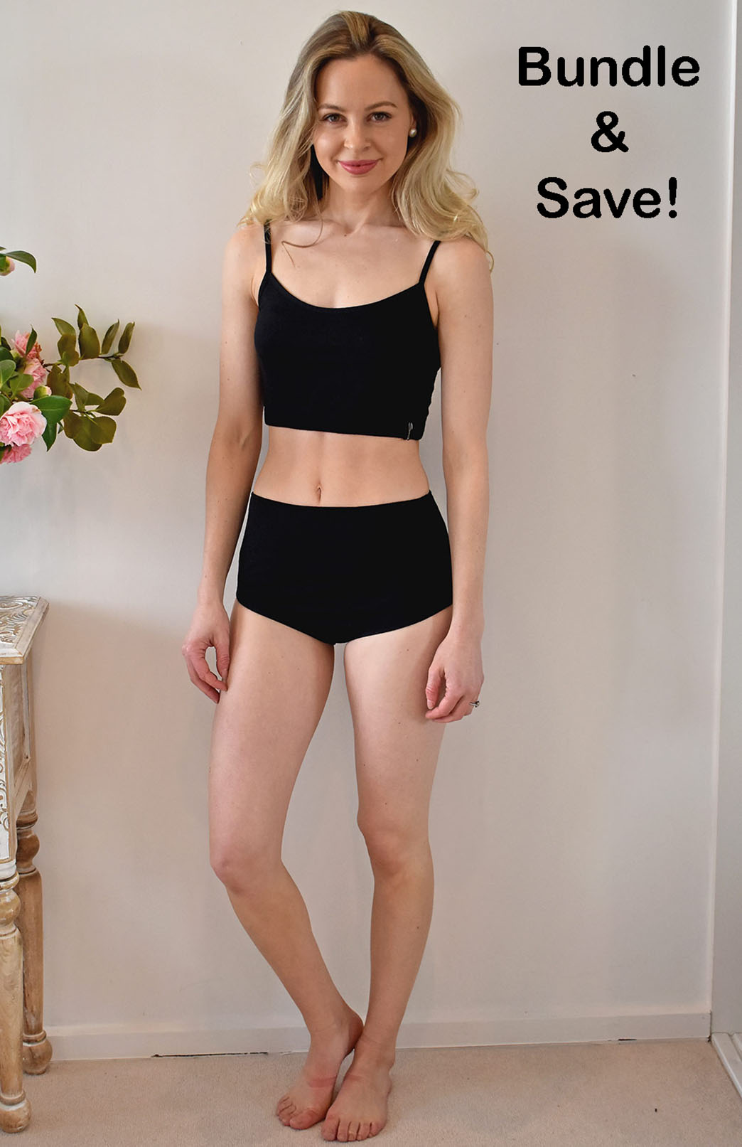 Black Women's Merino Wool Underwear Bundle of Crop Top Bra and Full Brief Knickers
