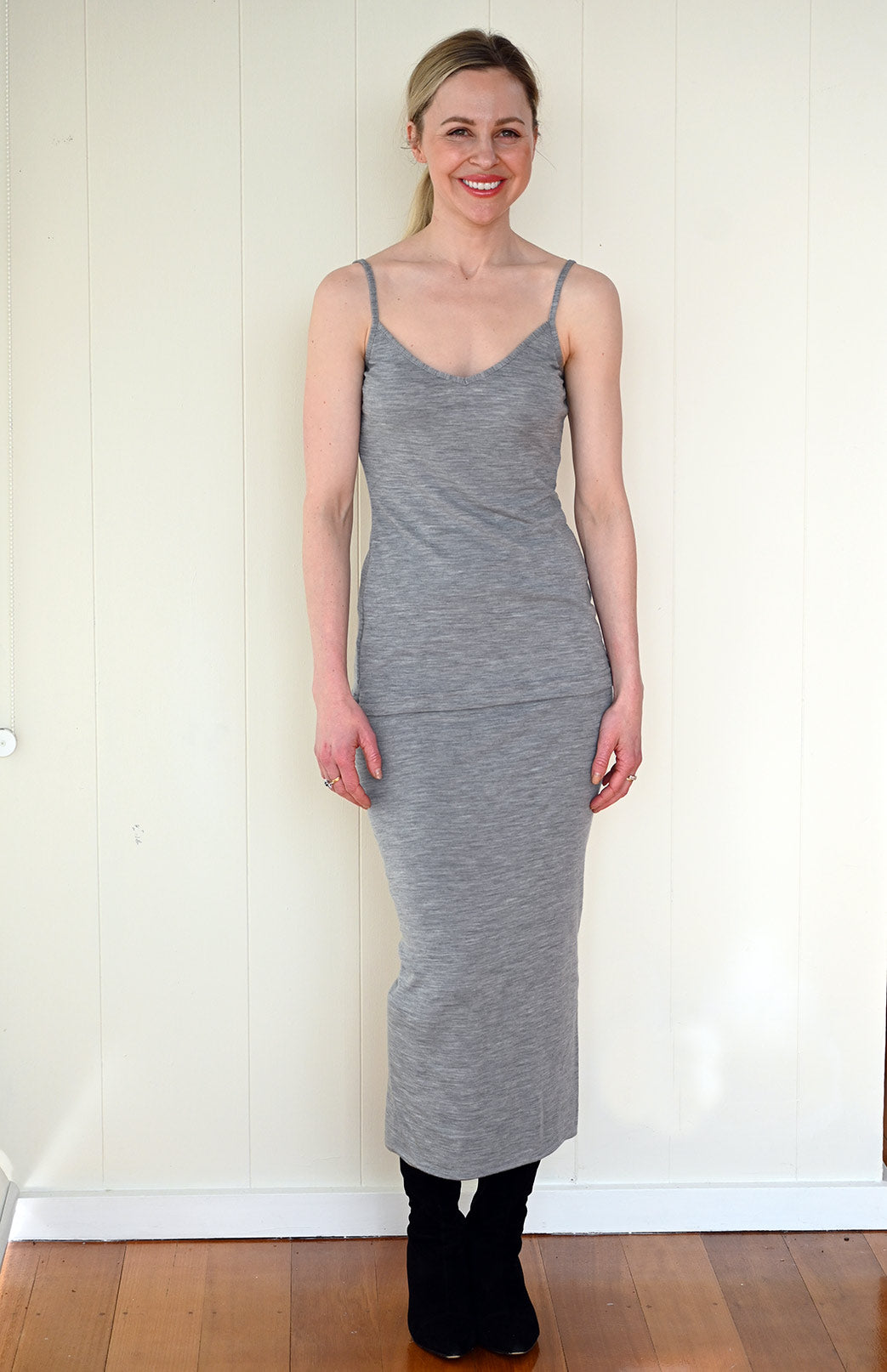 Light Grey Marl Women's Merino Wool V-Neck Camisole Top (Layering and Activewear)