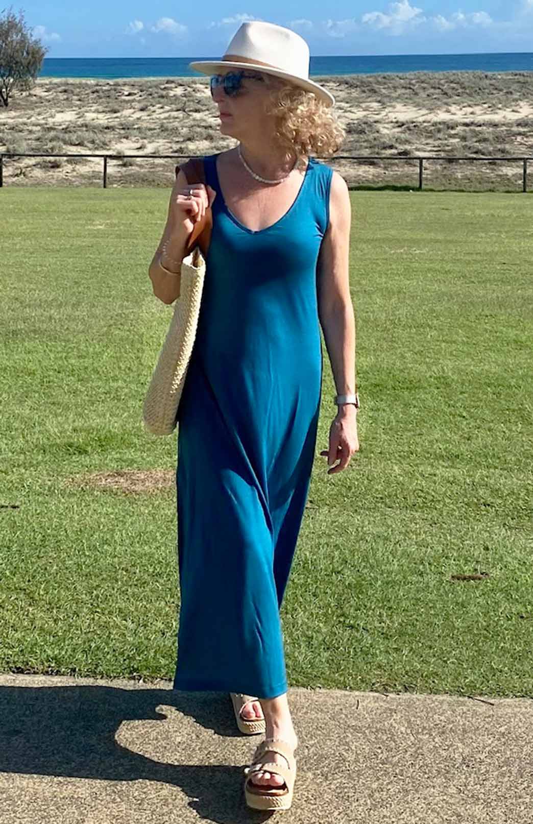 Teal Women's V-Neck Lightweight Merino Wool Maxi Dress with side spit