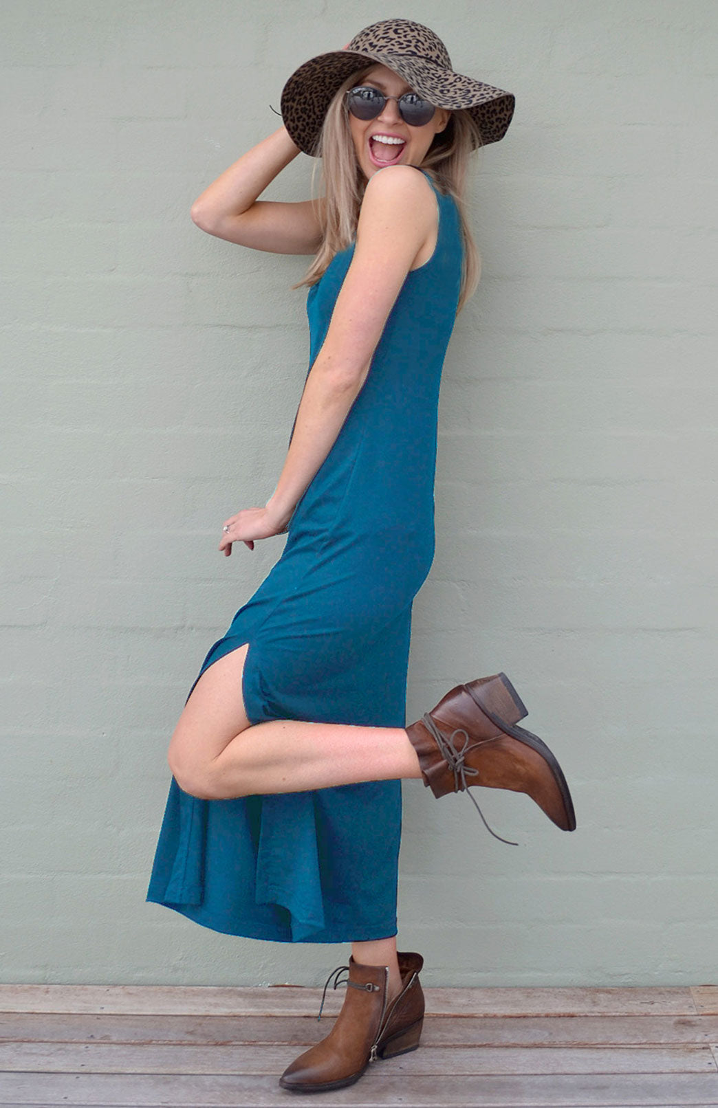 Teal Women's V-Neck Lightweight Merino Wool Maxi Dress with side spit