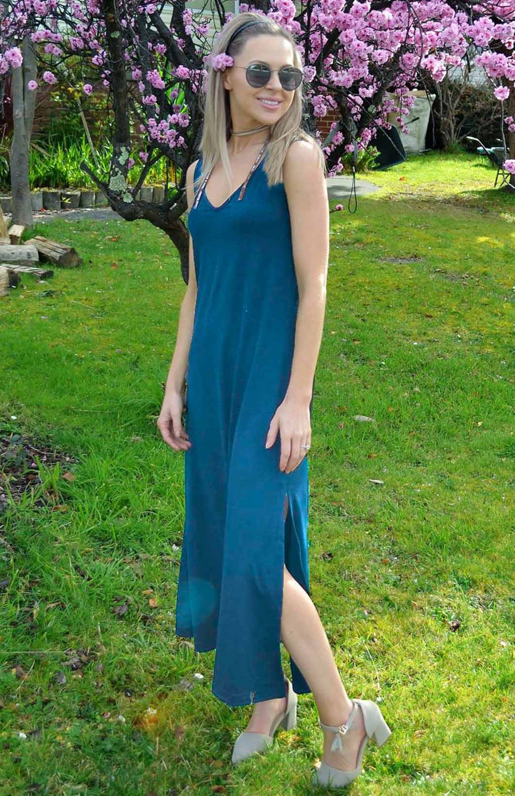 Teal Women&#39;s V-Neck Lightweight Merino Wool Maxi Dress with side spit
