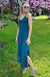Teal Women&#39;s V-Neck Lightweight Merino Wool Maxi Dress with side spit

