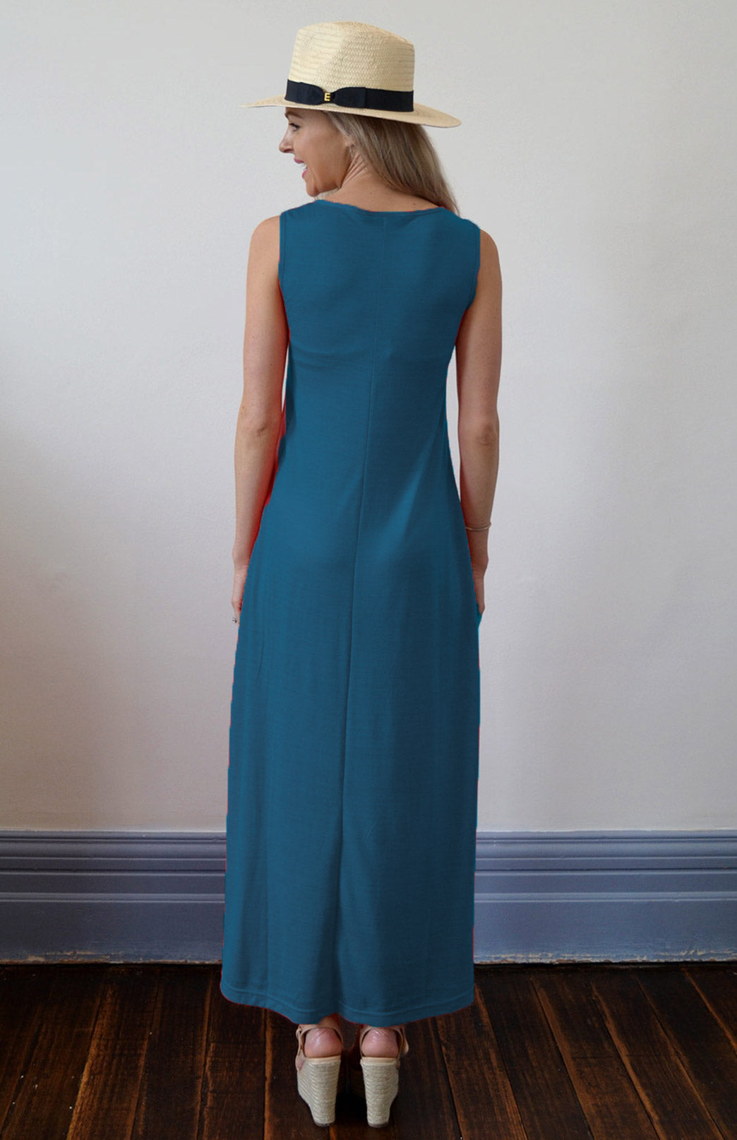 Teal Women's V-Neck Lightweight Merino Wool Maxi Dress with side spit