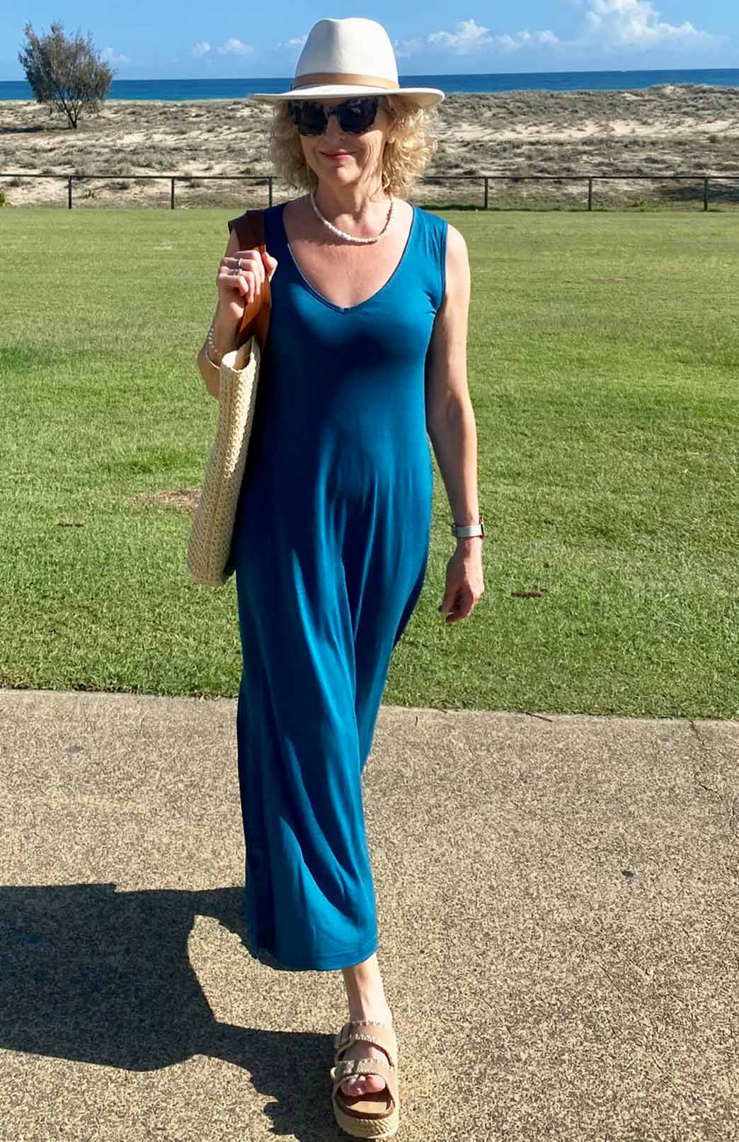 Teal Women's V-Neck Lightweight Merino Wool Maxi Dress with side spit