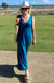 Teal Women&#39;s V-Neck Lightweight Merino Wool Maxi Dress with side spit
