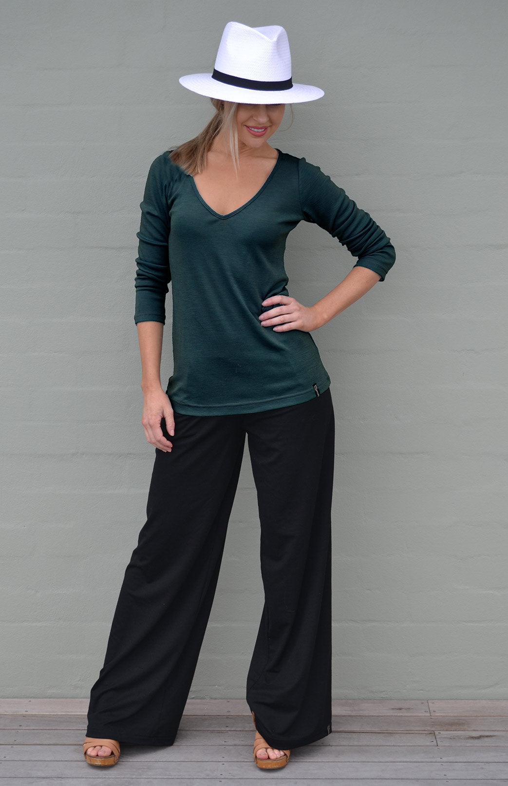 Deep Sea Green Women's Merino Wool Rib Top with V Neckline