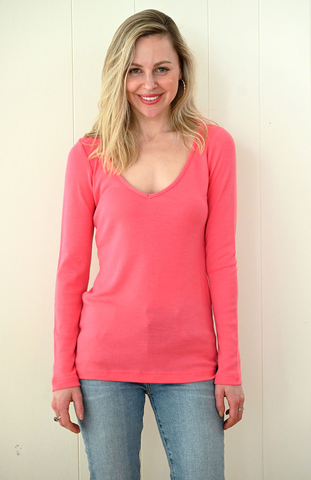 Watermelon Pink Women's Merino Wool Rib Top with V Neckline
