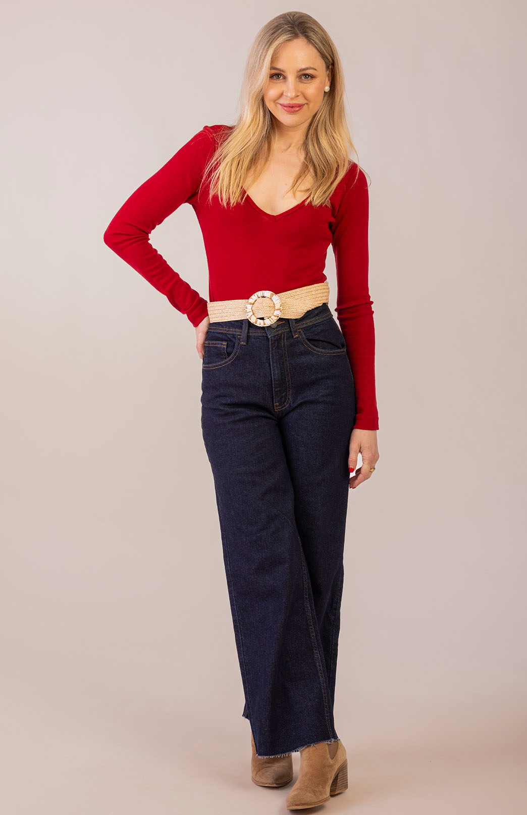 Chilli Red Women's Merino Wool Rib Top with V Neckline