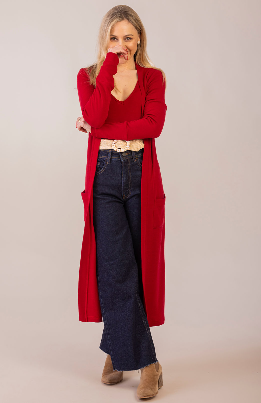 Chilli Red Women's Merino Wool Rib Top with V Neckline